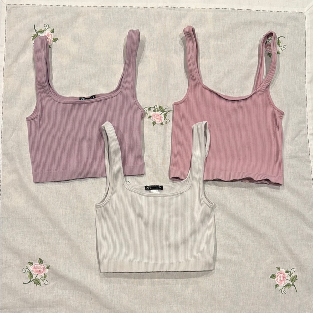 3-PackWomen's Zara Ribbed Cropped Tank Top - Purple, Pink, & White size XS/S
